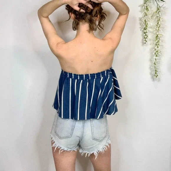 NWT FAITHFULL Suns Out Top linen strapless frayed cropped navy white striped - Picture 4 of 15